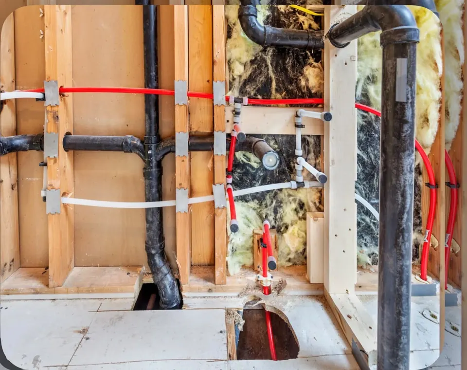 Bathroom plumbing rough-in inside an open wall